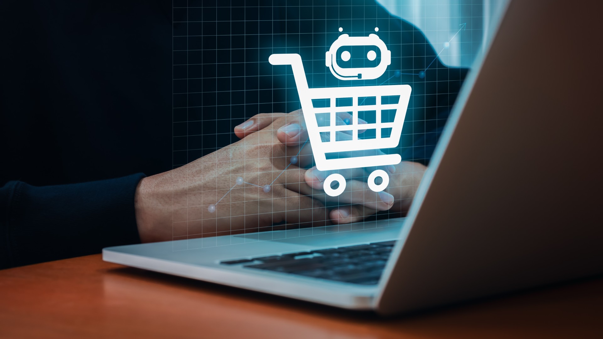 a person sitting in front of a laptop with an AI shopping icon floating above the keyboard
