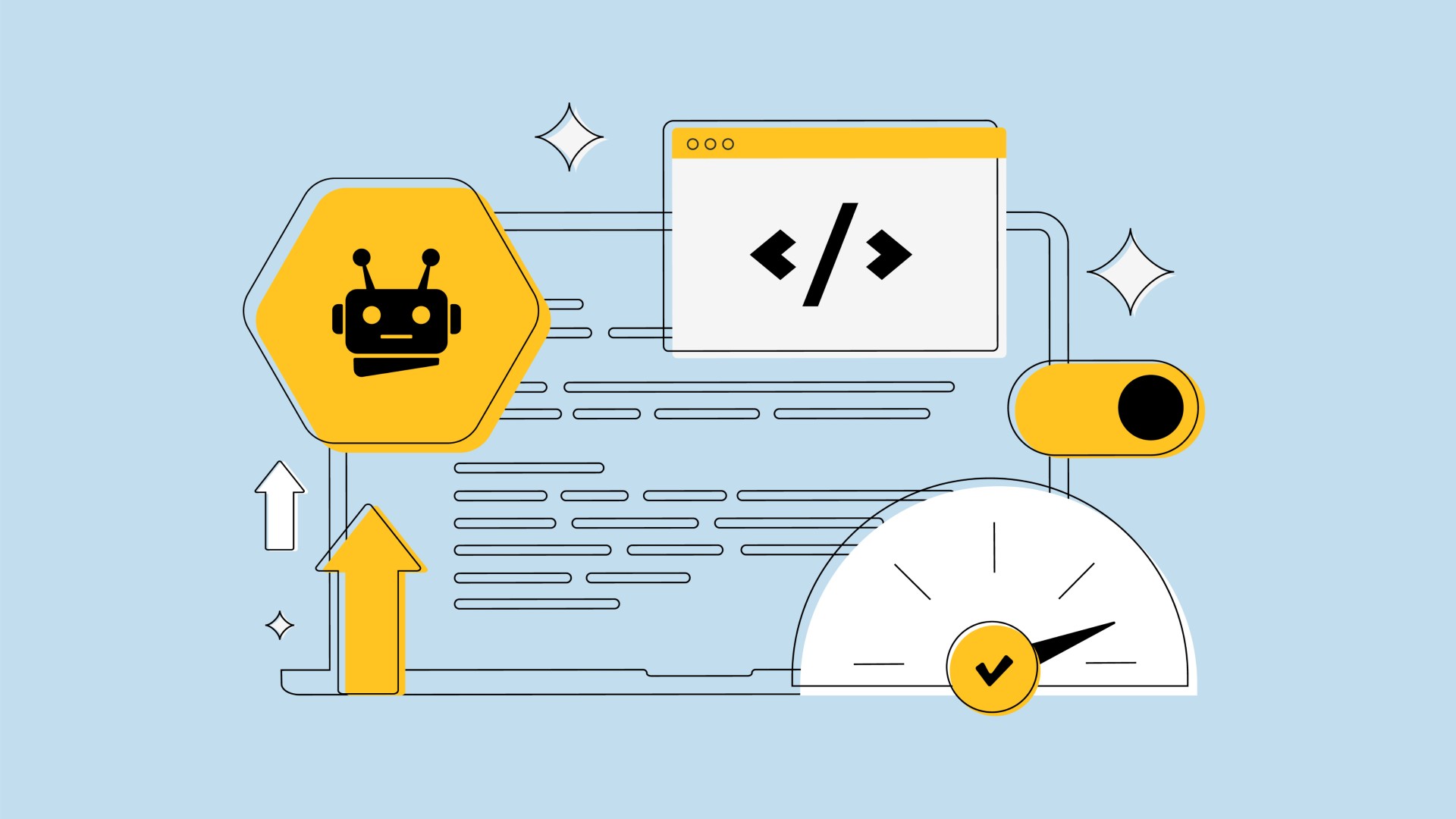 computer and technical icons on a pale blue background