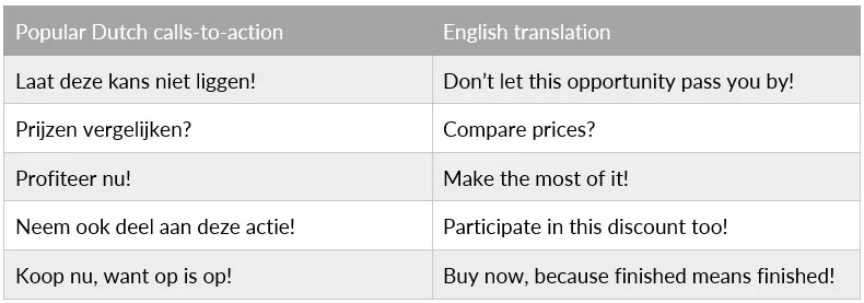 a table showing popular Dutch CTAs and their English translations