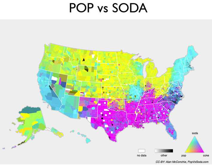 a map of the US showing how people refer to fizzy drinks