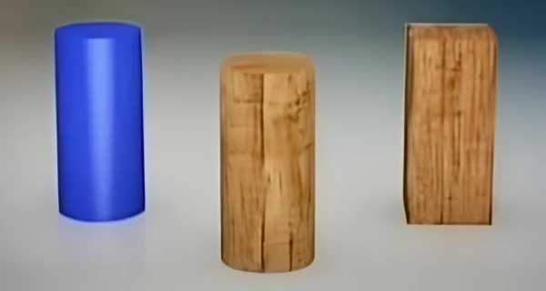 one plastic cylinder, one wooden cylinder, and one wooden cuboid