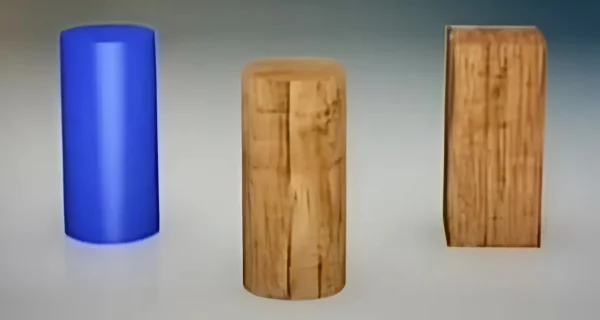 one plastic cylinder, one wooden cylinder, and one wooden cuboid