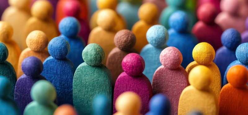 a group of colourful wooden figures depicting people