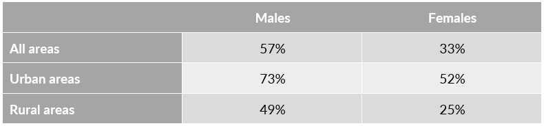 a table showing how many Indians have used the internet by gender and location