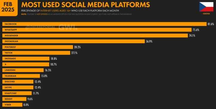 a graph showing the most popular social networks in the Czech Republic