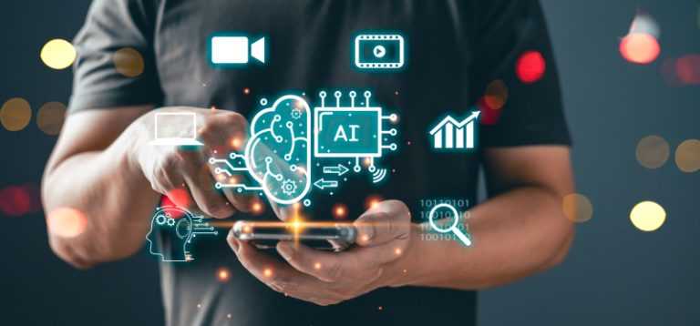 a man using a mobile phone, with AI icons floating above it