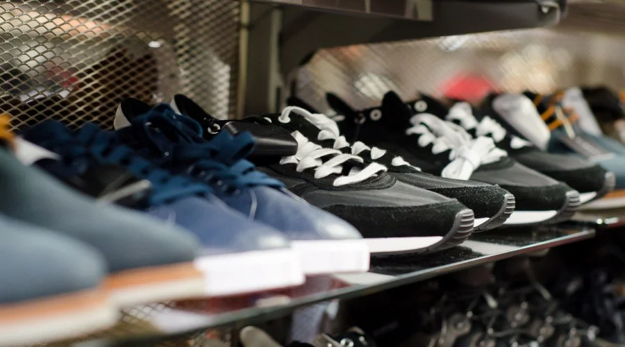 a row of shoes in a shop