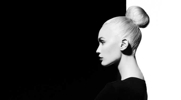 a person on a black and white background