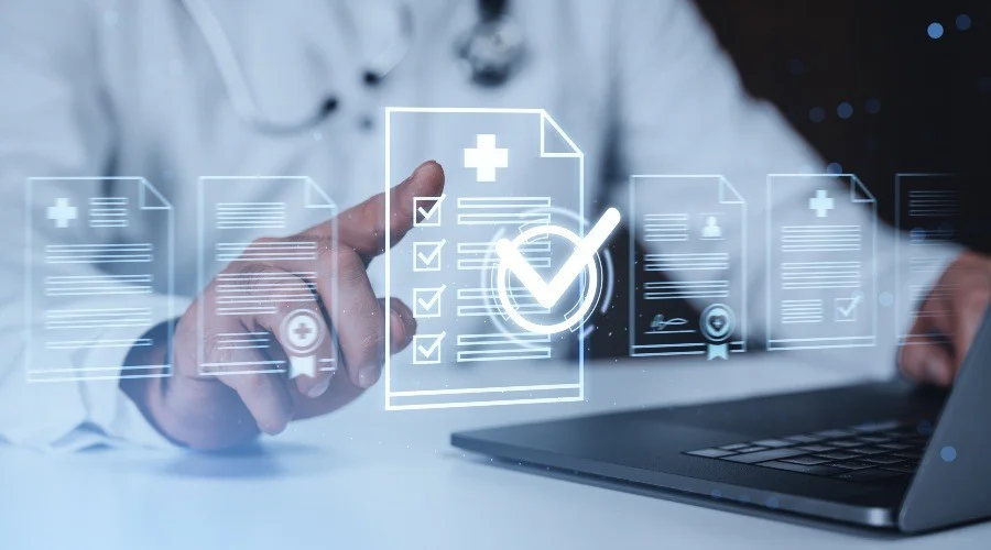 a holographic checklist with medical icons on it