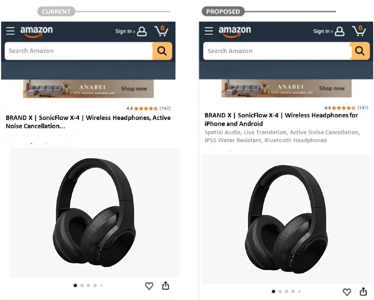 a mock-up of how Amazon titles will look in the current format versus the new format