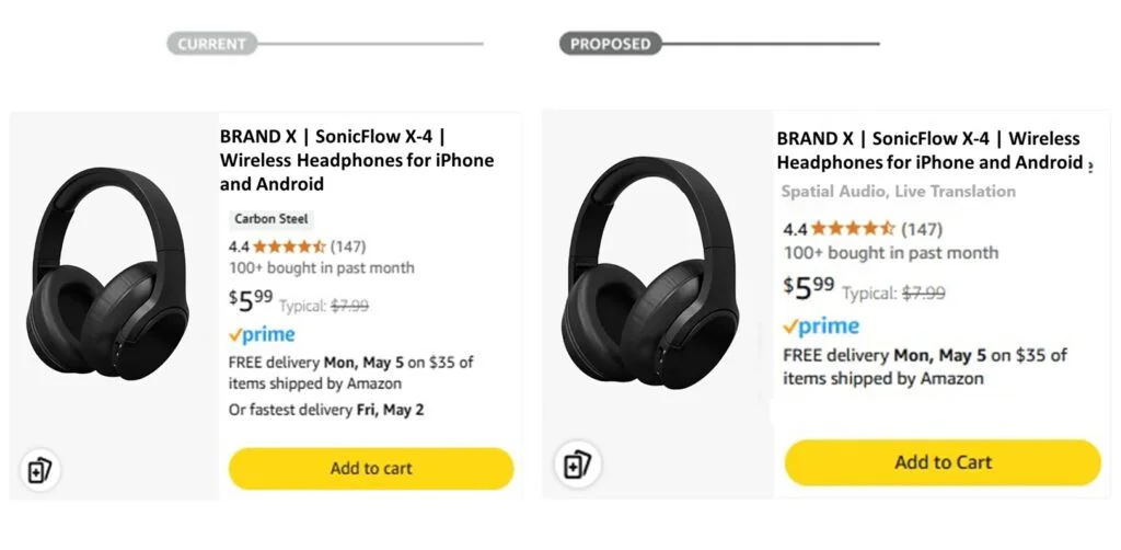 a mock-up of how Amazon titles will look in the current format versus the new format
