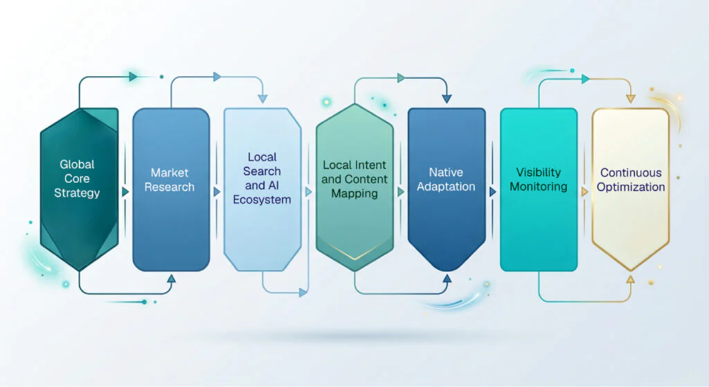 global core strategy, market research, local search and AI ecosystem, local intent and content mapping, native adaptation, visibility monitoring, continuous optimization